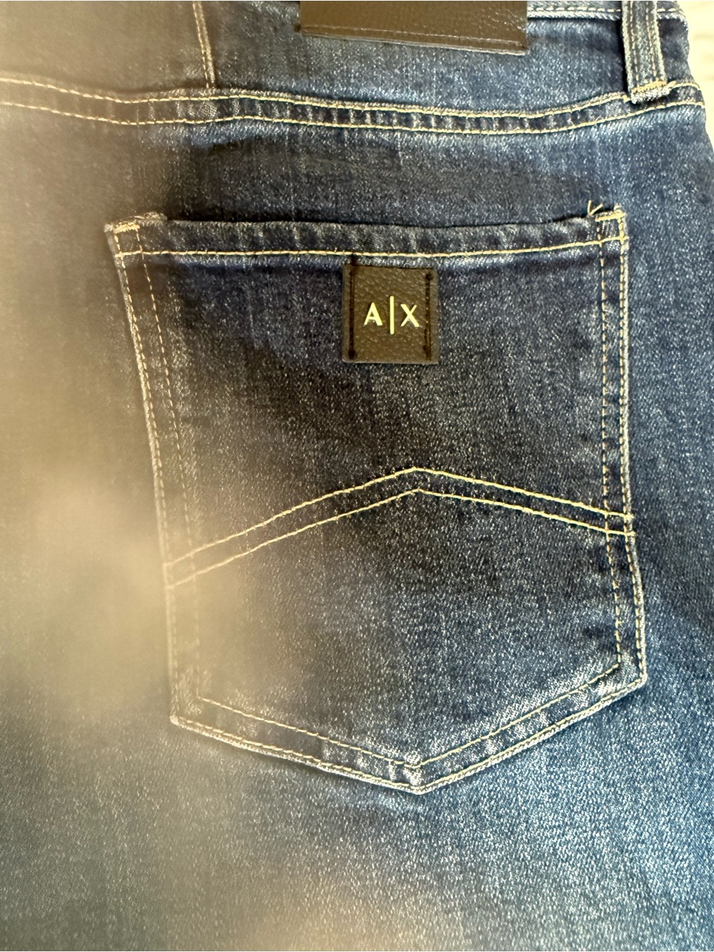 Armani Exchange Slim Jeans in Dark Blue with Black Leather Patch Size 36x30 - Picture 3 of 12
